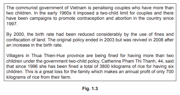Text discussing Vietnam's two-child policy, fines for exceeding it, and a villager's experience of penalties totalling 3800 kg of rice for six children.