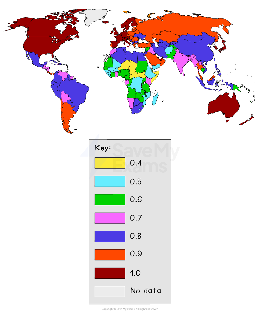 World map coloured by data range, with regions in colours from a legend: yellow to dark red, indicating values from 0.4 to 1.0, and grey for no data.