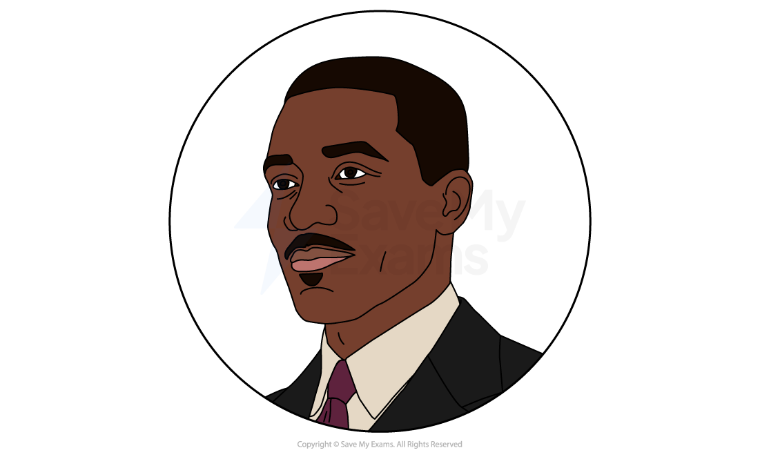 Illustrated head-and-shoulders portrait of Sam from Blues for an Alabama Sky, a moustached man in a dark suit and burgundy tie.