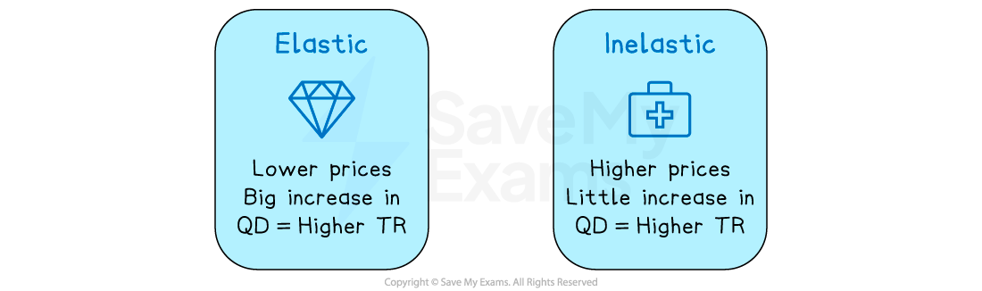 Two blue boxes titled "Elastic" with a diamond and "Inelastic" with a briefcase, explain price effects on quantity demanded and total revenue.