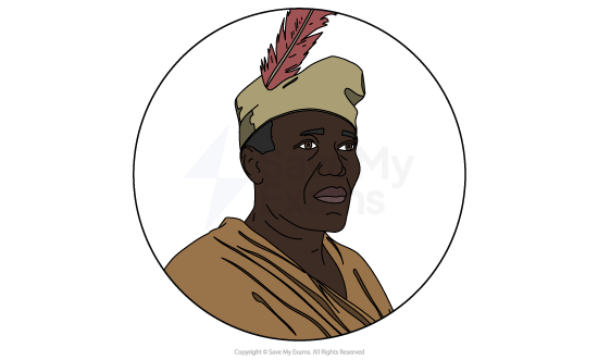 Illustrated head-and-shoulders portrait of Obierika from Things Fall Apart, wearing a patterned cap with a red feather and a brown robe.