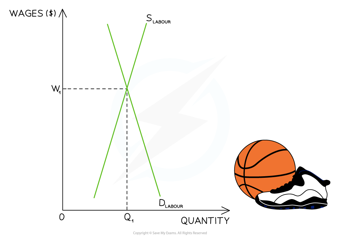 Supply and demand graph for labour with a basketball and trainer. The y-axis represents wages, and the x-axis shows quantity.