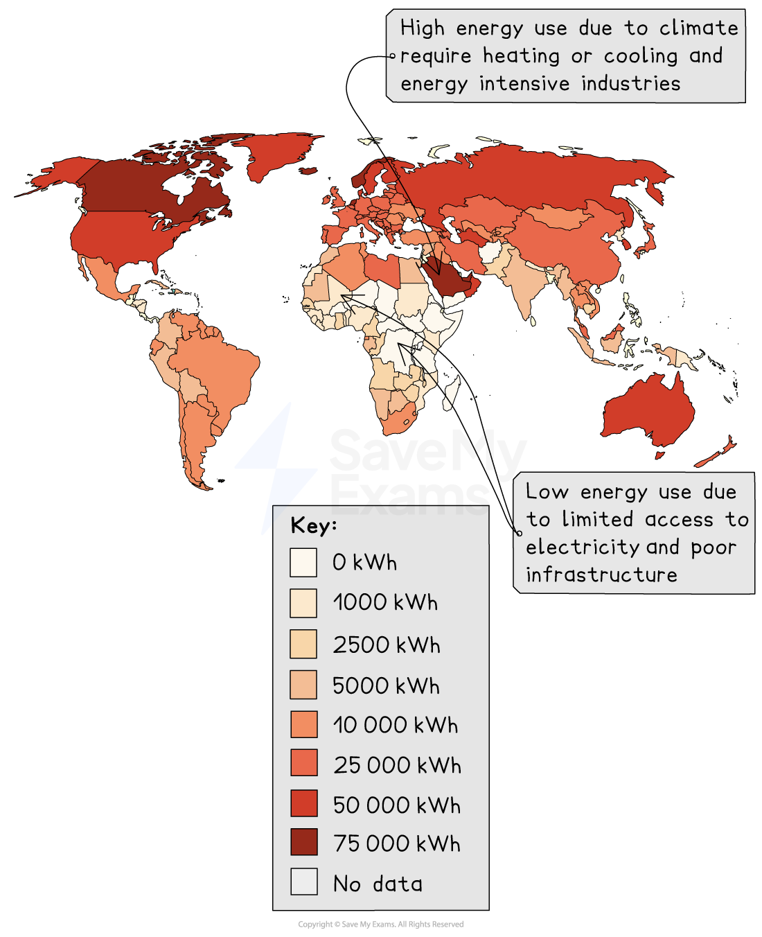 World map showing energy use per person in 2020, shaded by consumption levels. Darker colours indicate higher usage. Includes electricity, transport, heating.