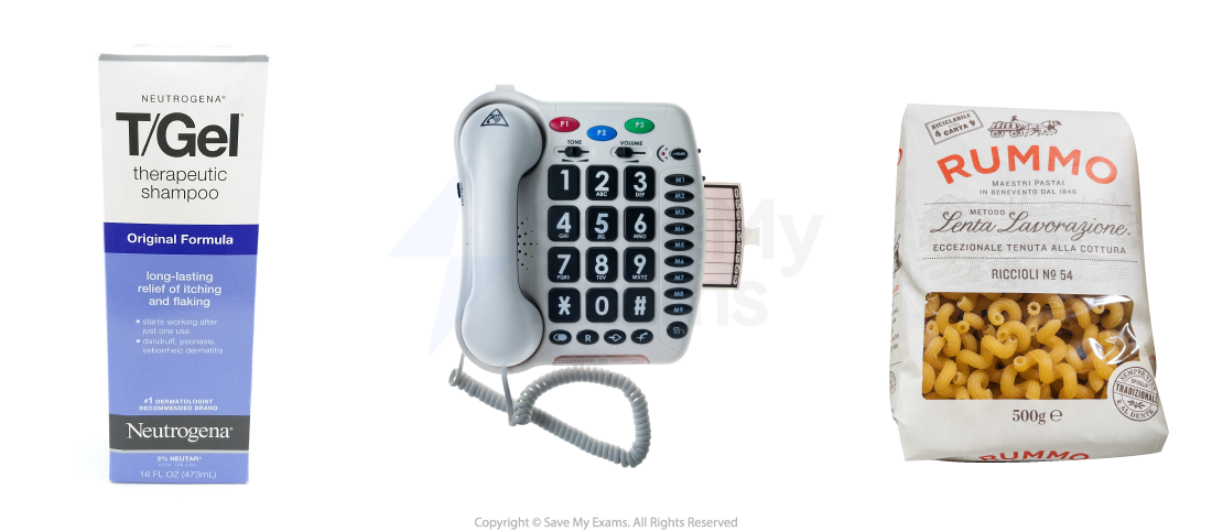 Neutrogena T/Gel shampoo, a large-button telephone with a corded handset, and a 500g pack of Rummo riccioli pasta are displayed side by side.