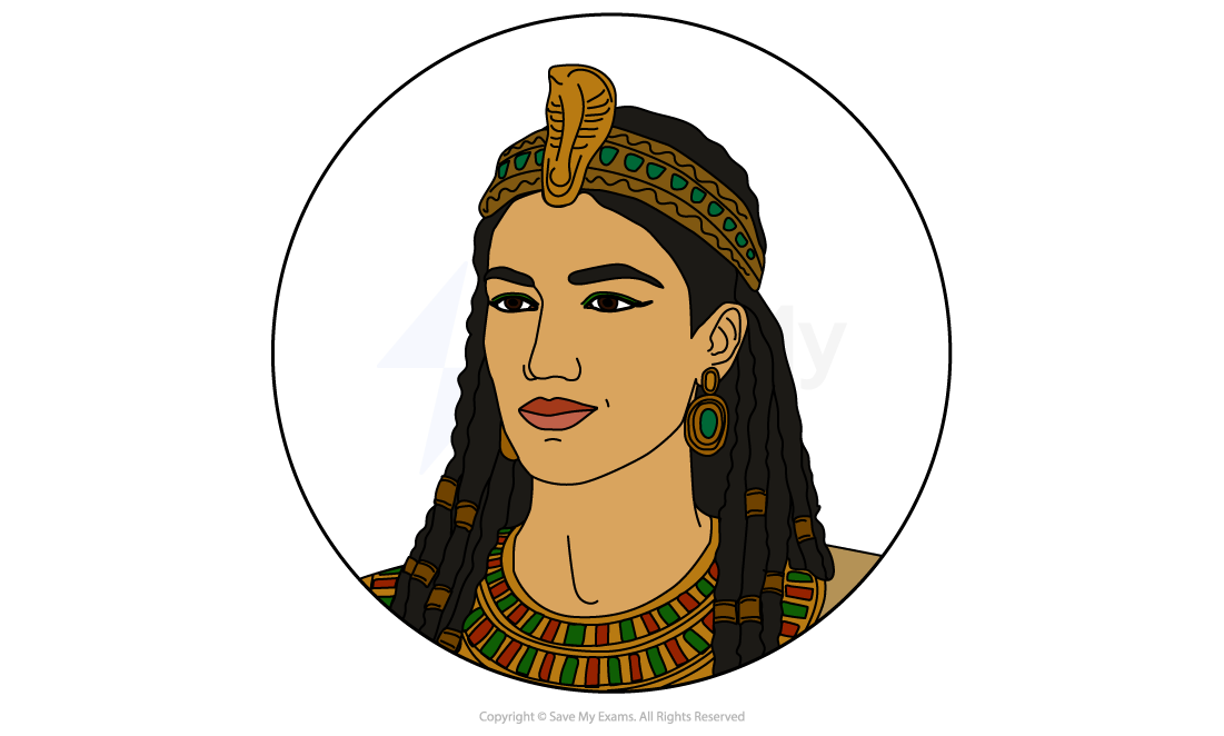 Illustration of a woman in ancient Egyptian attire, wearing a cobra headdress, earrings, and a beaded necklace, in a circular frame.