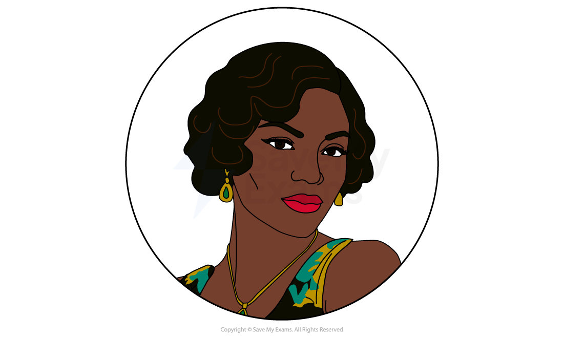 Illustrated head-and-shoulders portrait of Angel from Blues for an Alabama Sky, a woman with short dark waves and gold drop earrings.
