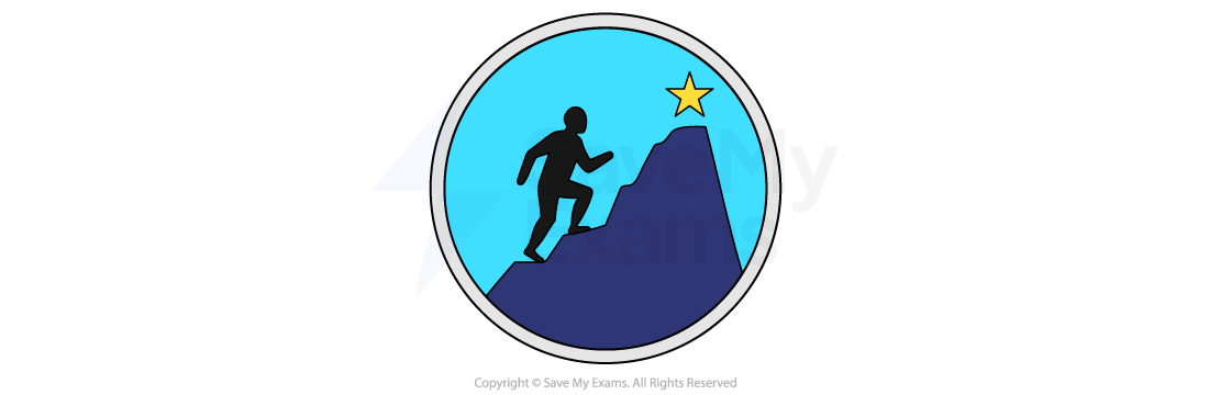 Symbol for hope and ambition: a silhouetted figure climbing a dark peak towards a gold star, against a bright blue sky.