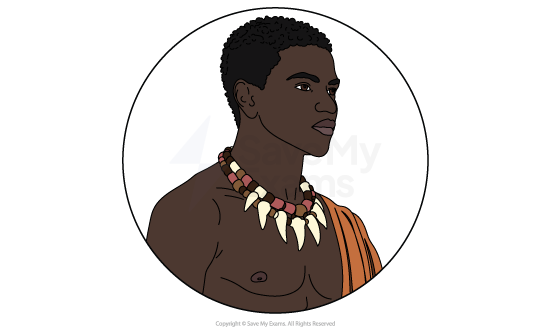 Illustrated head-and-shoulders portrait of Ikemefuna from Things Fall Apart, a young man wearing a beaded necklace strung with animal teeth.