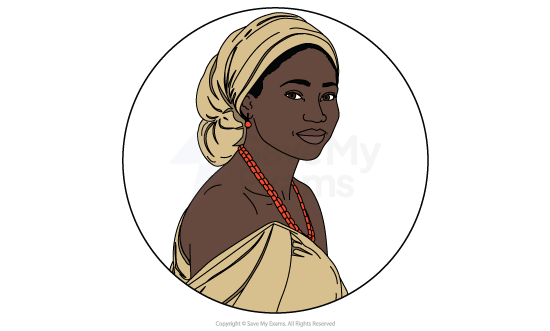 Illustrated head-and-shoulders portrait of Ekwefi from Things Fall Apart, a woman in a cream headwrap and coral bead necklace.