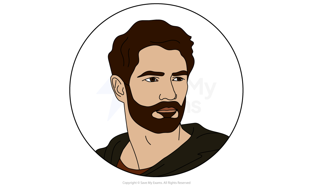 Illustration of a man with dark hair and beard, looking to the right, dressed in a dark hoodie, within a circular frame on a white background.