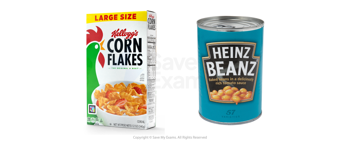 Kellogg's Corn Flakes cereal box and a tin of Heinz Beanz. Corn Flakes box features a green rooster, and the beans tin is in blue packaging.