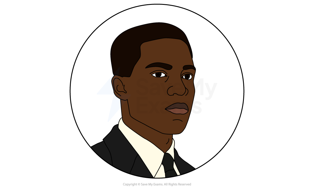 Illustrated head-and-shoulders portrait of Leland from Blues for an Alabama Sky, a serious young man in a black suit and tie.