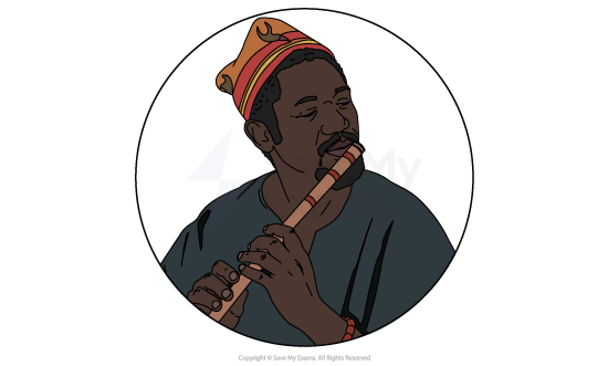 Illustrated head-and-shoulders portrait of Unoka from Things Fall Apart, playing a flute and wearing a red patterned cap.