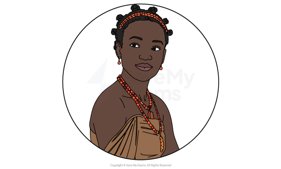 Illustrated head-and-shoulders portrait of Ezinma from Things Fall Apart, a young woman with a beaded headband and coral necklaces.