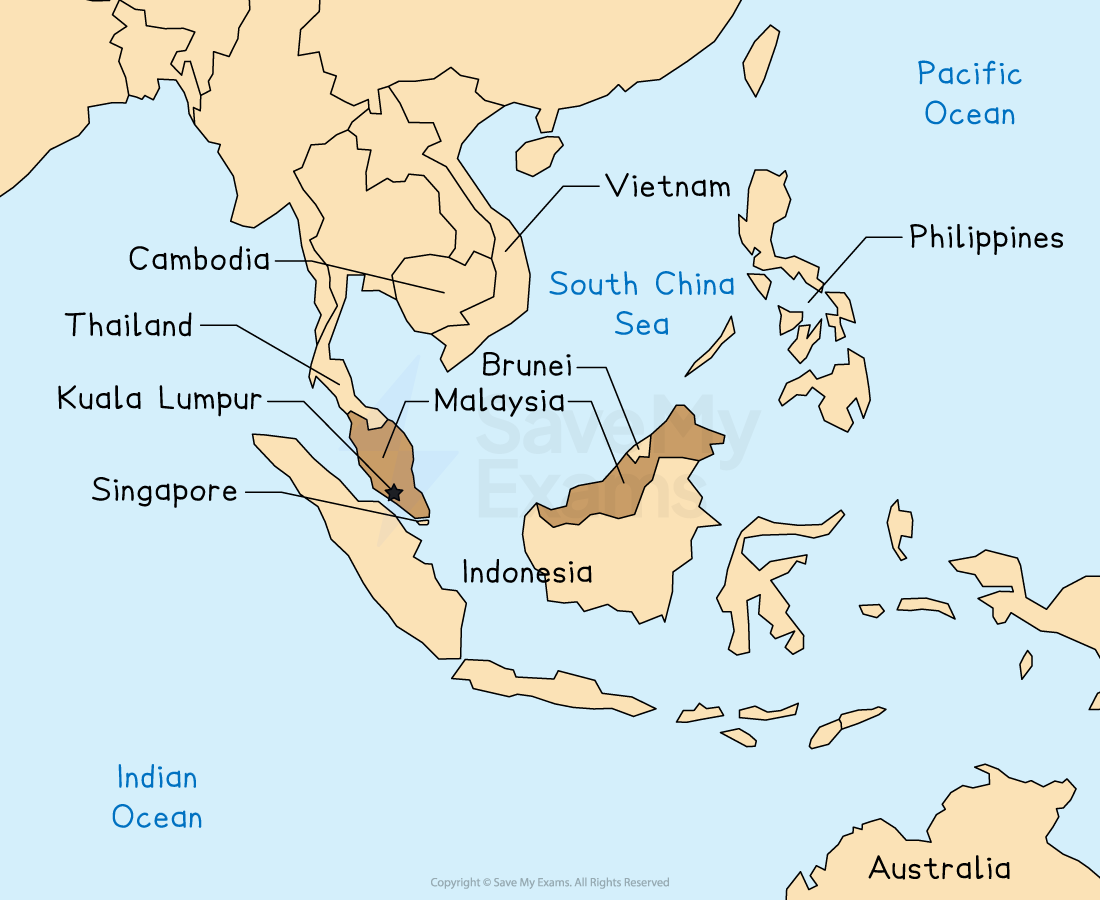 Map of Southeast Asia highlighting Malaysia, with labels for Malaysia, Brunei, Indonesia, Thailand, Vietnam, Cambodia, Philippines, Singapore, and oceans.