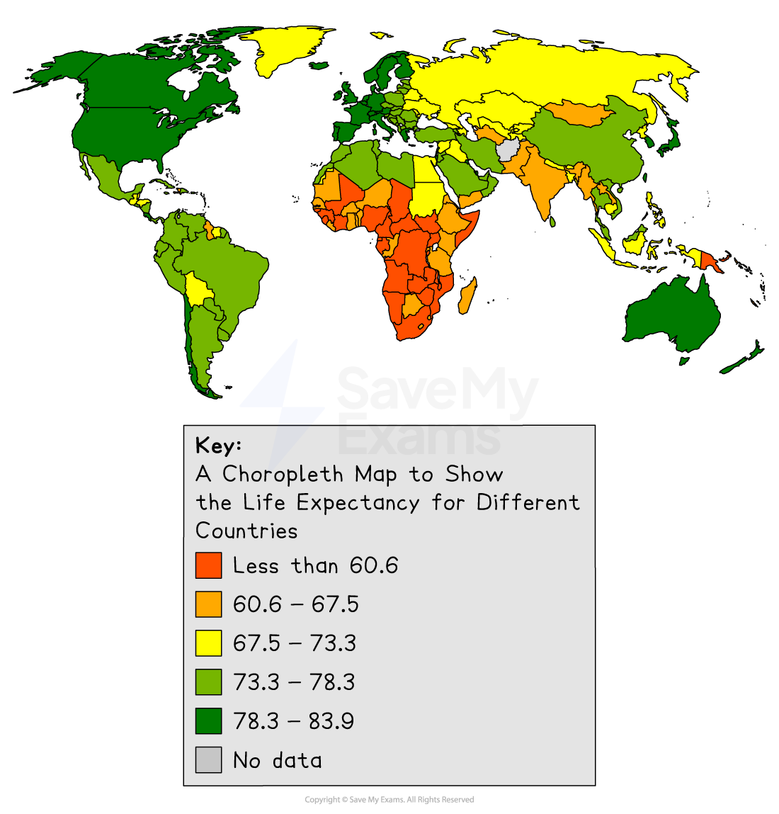 World map showing life expectancy by country using colours: red (below 60.6), orange, yellow, light green, dark green (78.3-83.9), and grey (no data).