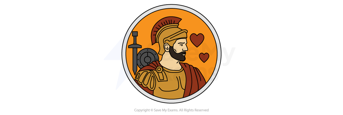 Illustration of an ancient warrior in armour with a helmet, shield, and sword, set against an orange circle, with two heart symbols nearby.