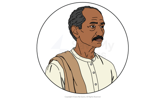 Illustrated head-and-shoulders portrait of Ram Lal from Fire on the Mountain, an older man with greying hair, wearing a cream kurta and brown shawl.