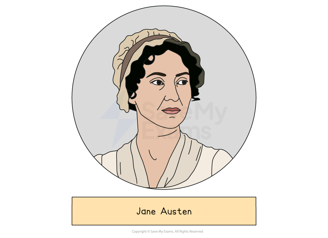 Illustrated head-and-shoulders portrait of Jane Austen, who wrote Pride and Prejudice, drawn in a grey circle above a label giving the name.