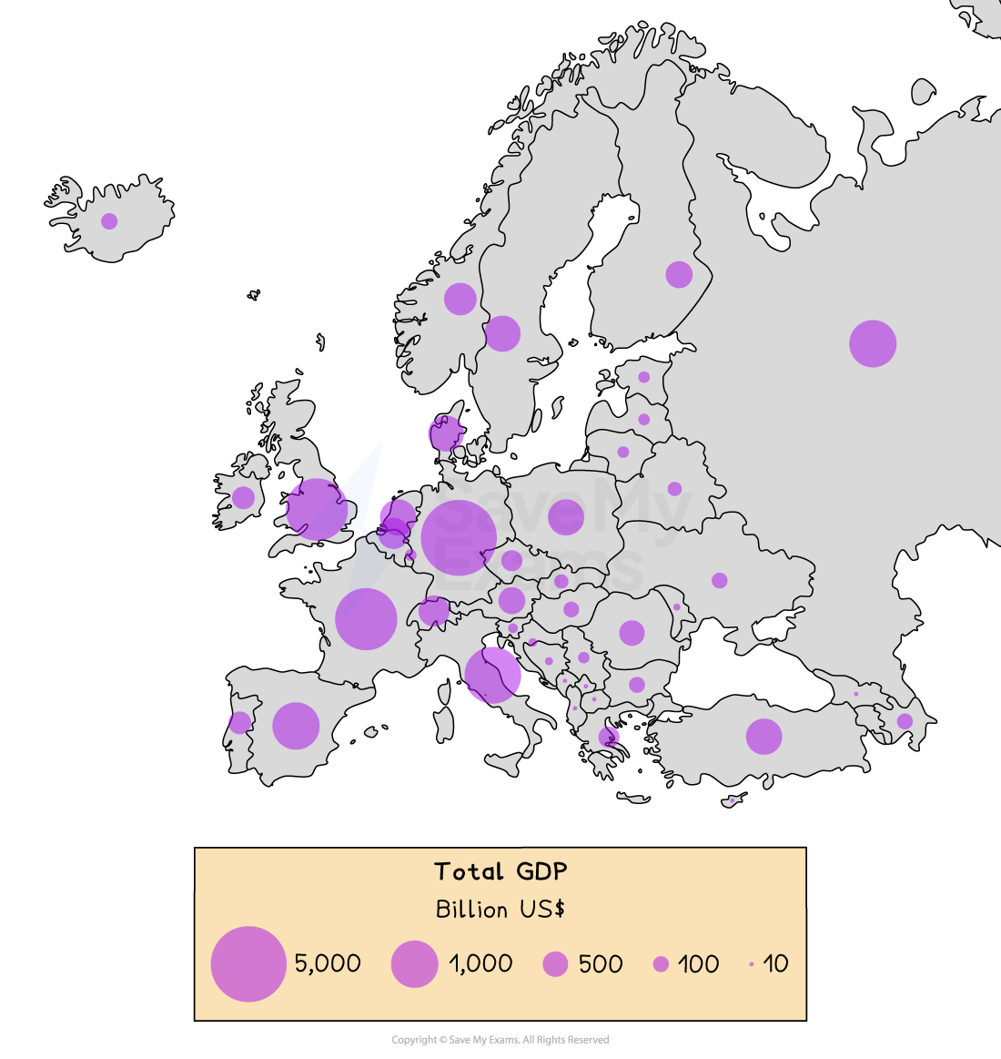 Map of Europe showing GDP with purple circles; larger circles indicate higher GDP. Key included at bottom, ranging from 10 to 5,000 billion US dollars.