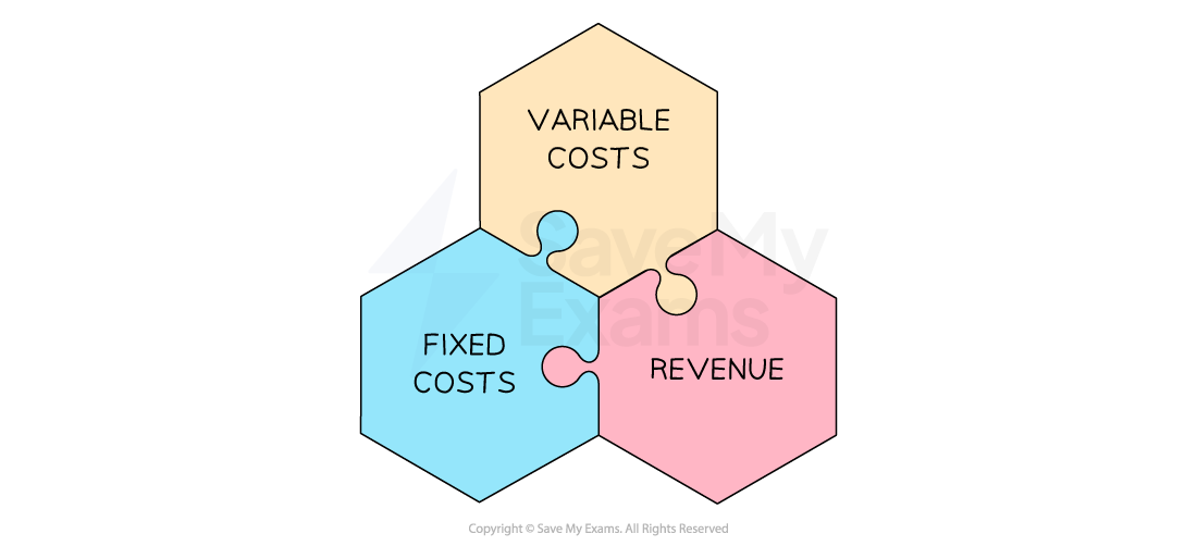 Three interlocking hexagons labelled "Fixed Costs", "Variable Costs", and "Revenue" in blue, beige, and pink respectively.