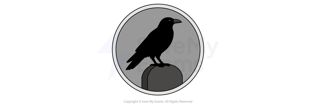Silhouette of a crow perched on a rounded tombstone within a grey circular background, bordered by a thin white ring.