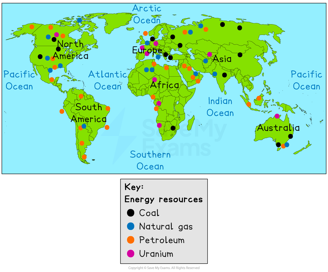 World map showing distribution of energy resources (coal, natural gas, petroleum, uranium)