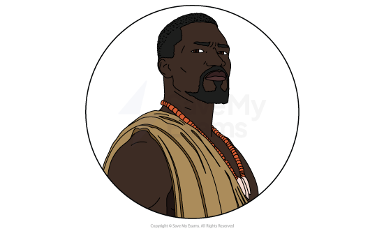 Illustrated head-and-shoulders portrait of Okonkwo from Things Fall Apart, a stern man with a beard and a long beaded necklace.