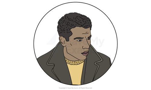 Illustration of Jimmie from A Taste of Honey: a Black man with short curly hair, wearing a dark grey coat over a yellow jumper and looking downwards.