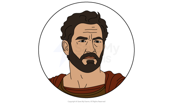 Illustration of a bearded man with wavy hair, depicted in a circular frame. He wears a red garment and has a serious expression.