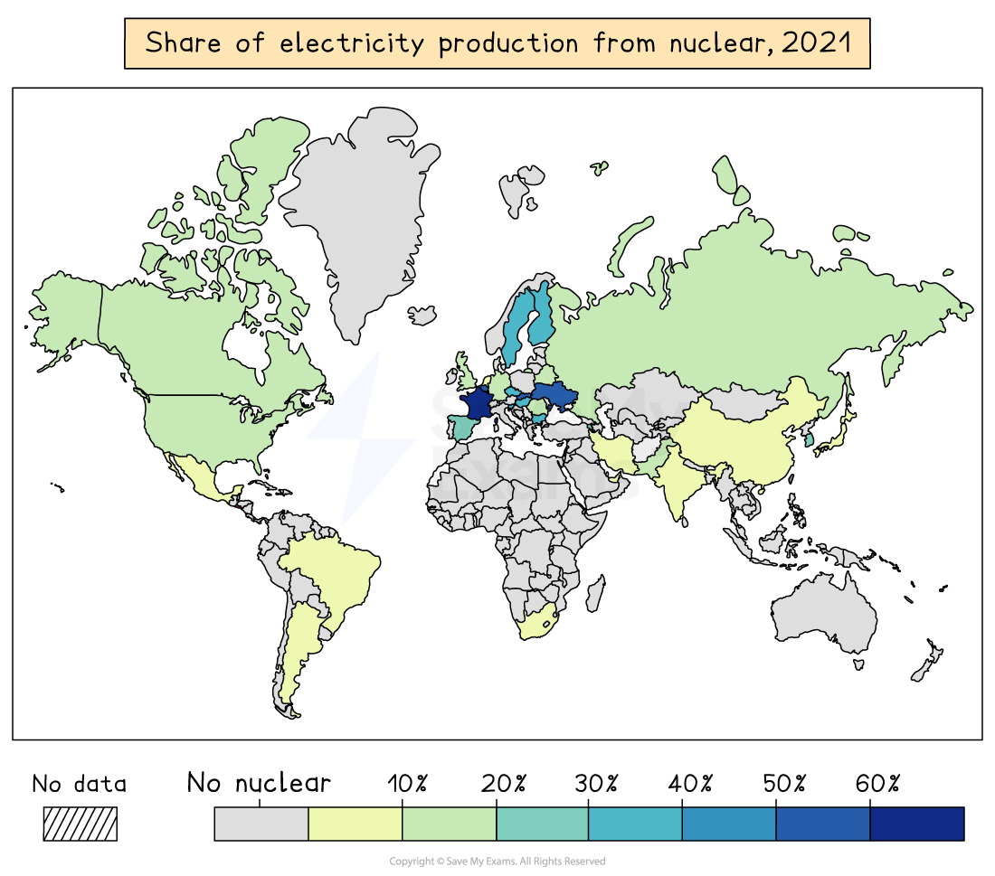 World map showing nuclear electricity production share in 2021. Colour-coded by percentage, with a key indicating no data, no nuclear, and 10%-60% levels.