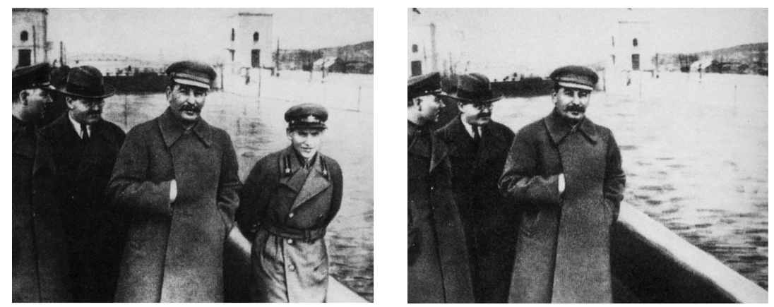 Two historical black and white photos showing a group of men standing by a river, the second image has one man digitally removed.