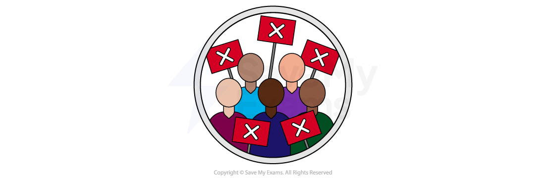 Symbol for activism and protest: a crowd of figures of different skin tones holding red placards marked with white crosses.