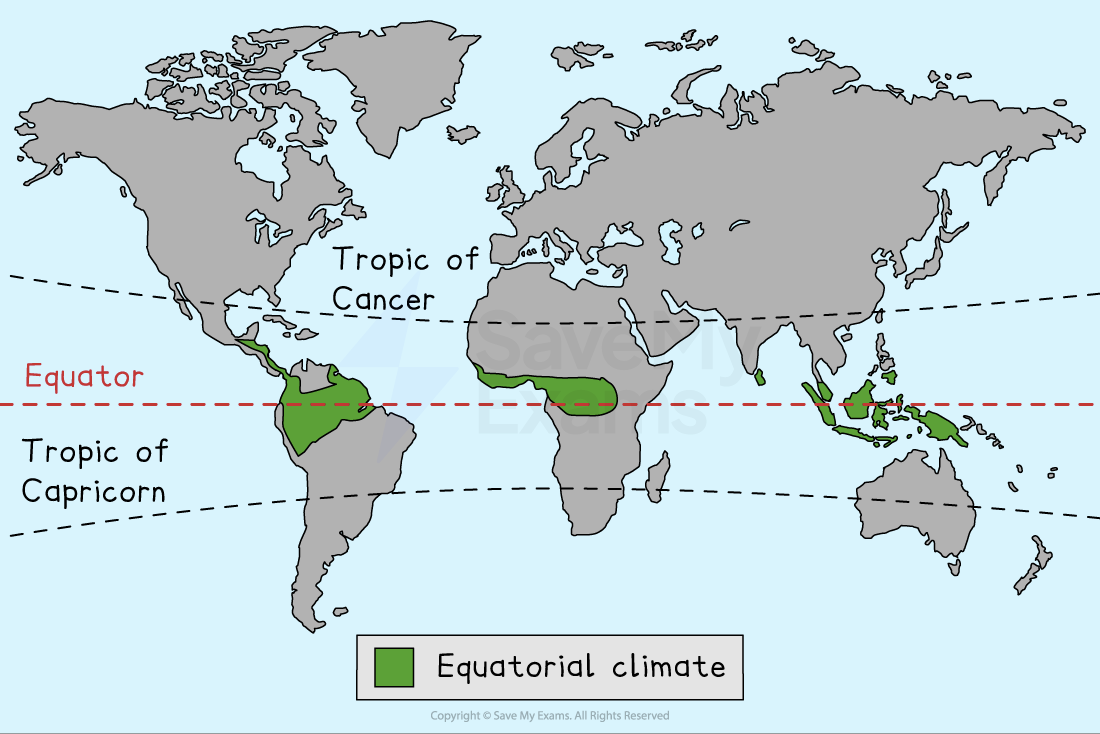 World map highlighting equatorial climate regions in green, with the equator, Tropic of Cancer, and Tropic of Capricorn labelled.