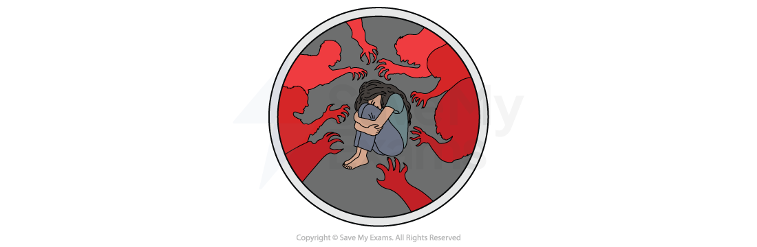 Theme symbol for Trauma: Illustration of a scared person curled up in the centre while red shadowy figures and reaching hands surround them, symbolising anxiety, fear and harassment.