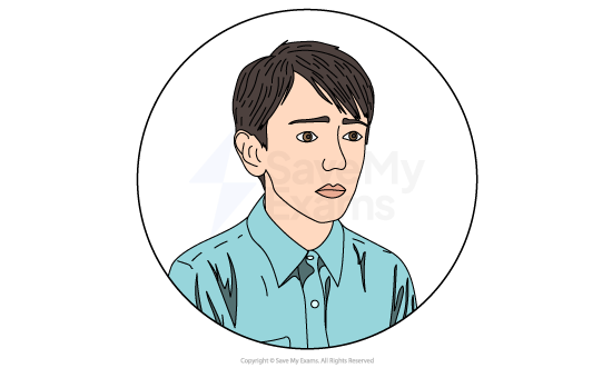 Illustration of a boy with short brown hair wearing a blue shirt, rendered in a circular frame on a white background.
