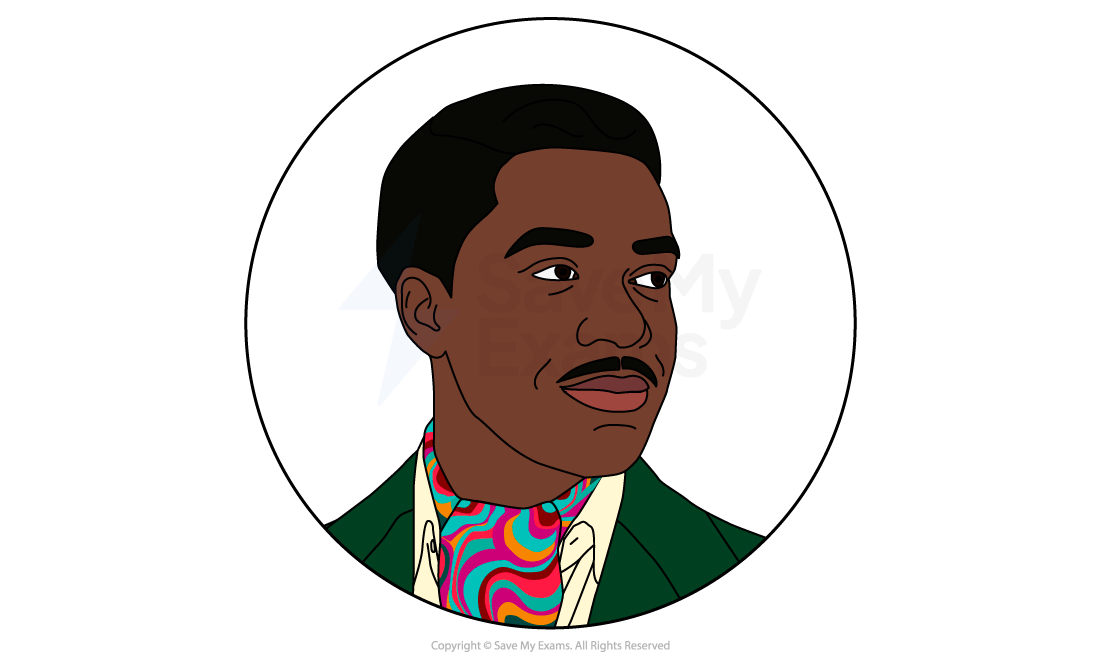 Illustrated head-and-shoulders portrait of Guy from Blues for an Alabama Sky, wearing a green blazer and a brightly swirled cravat.