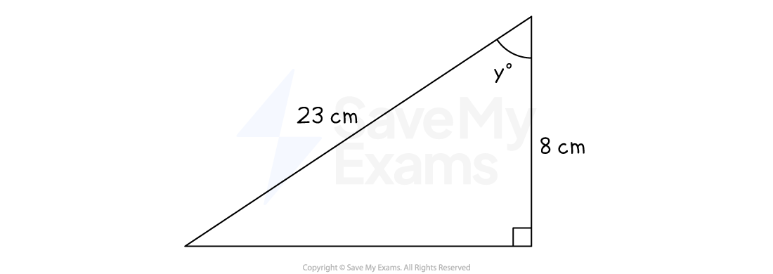 Right-angled triangle with a hypotenuse measuring 23 cm, a height of 8 cm, and an angle at the top marked as y degrees.