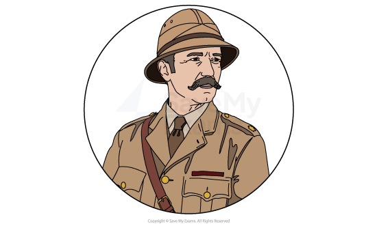 Illustrated head-and-shoulders portrait of the District Commissioner from Things Fall Apart, a colonial officer in a pith helmet and khaki uniform.