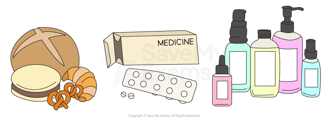Assorted items: bread, croissant, pretzels; a medicine box with tablets; and various bottles of toiletries, including pumps and sprays.