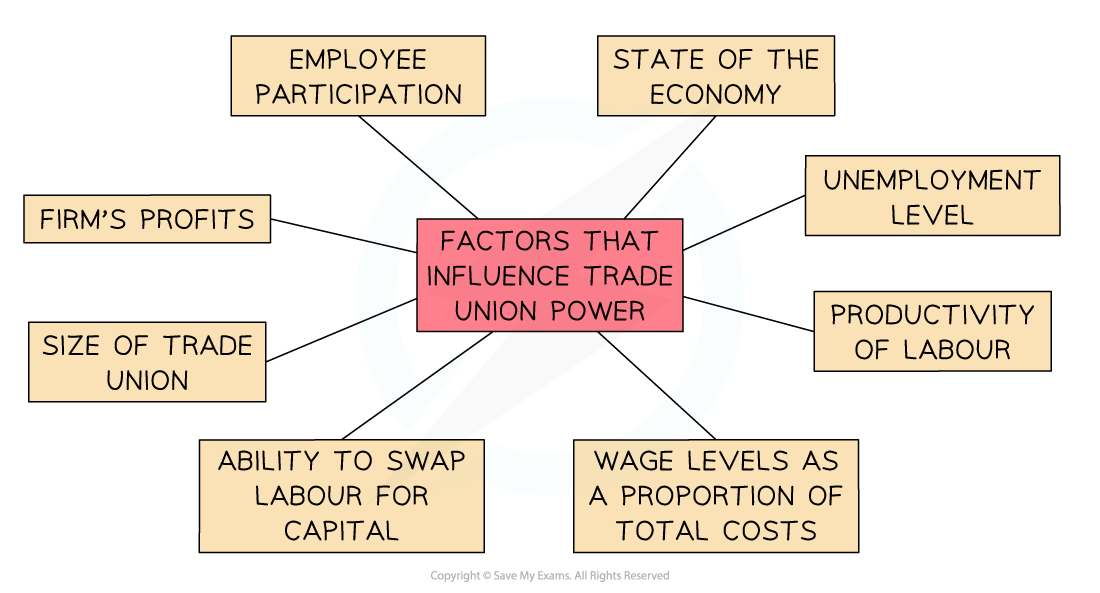 Flowchart showing factors that influence trade union power: employee participation, state of the economy, unemployment, productivity, wage levels, labor-capital swap, union size, and firm profits.