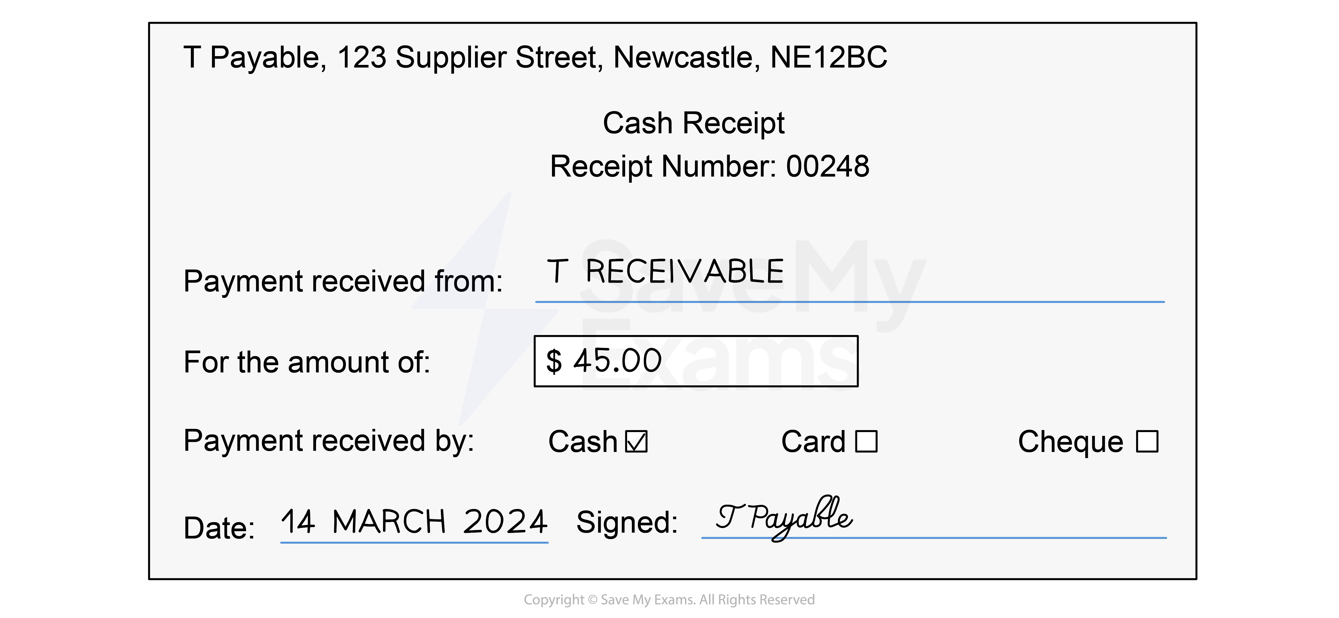 A cash receipt showing the name of the supplier, name of the customer and amount of the transaction