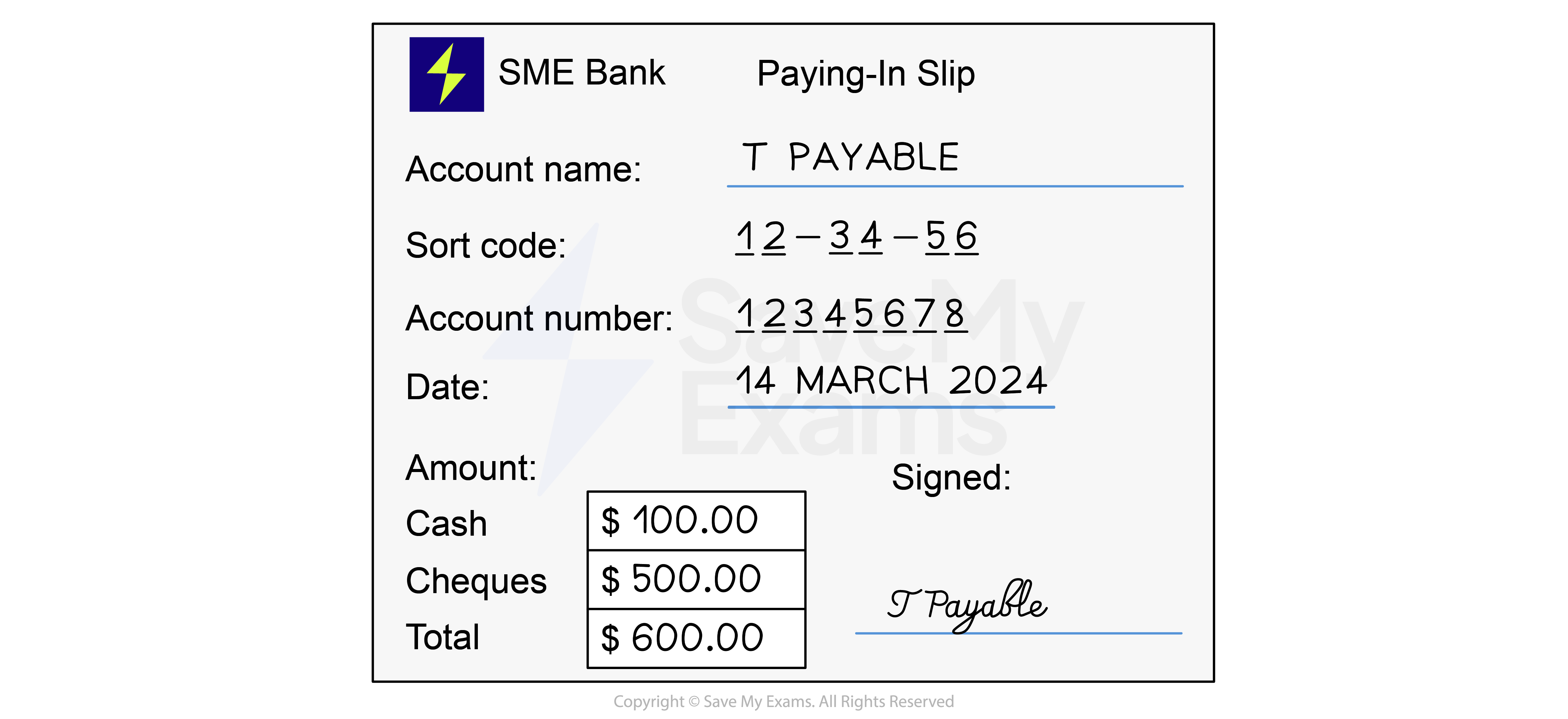 Example of a paying-in slip