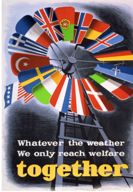 Windmill with blades featuring various national flags, against a blue sky. Text below reads, "Whatever the weather, We only reach welfare together."