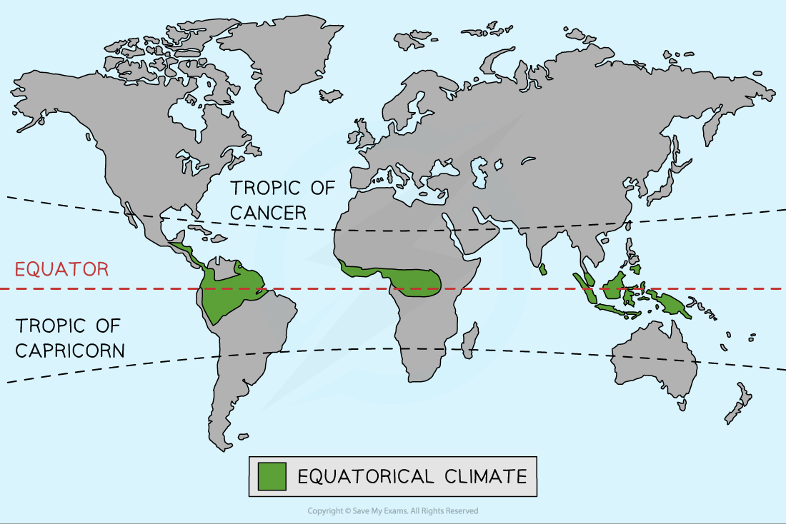 World map showing equatorial climate (green) between Tropics of Cancer and Capricorn along the Equator. Areas include parts of South America, Africa, and Asia.