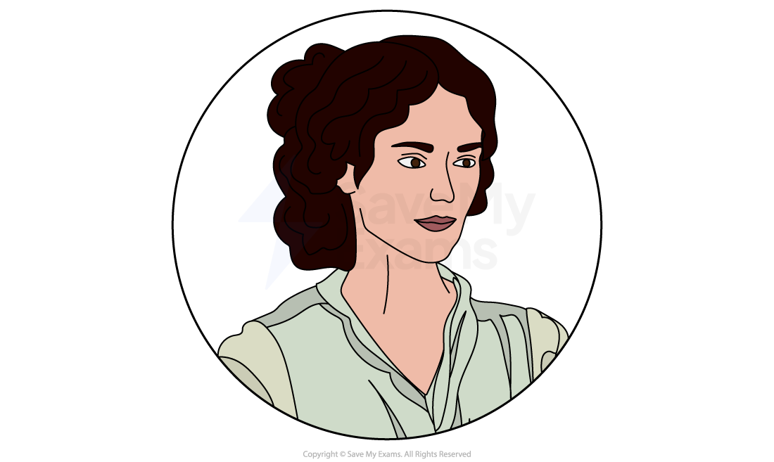 Illustration of Elizabeth Bennet from Pride and Prejudice: a young woman with dark curly hair and a slight smile, wearing a pale green Regency gown.