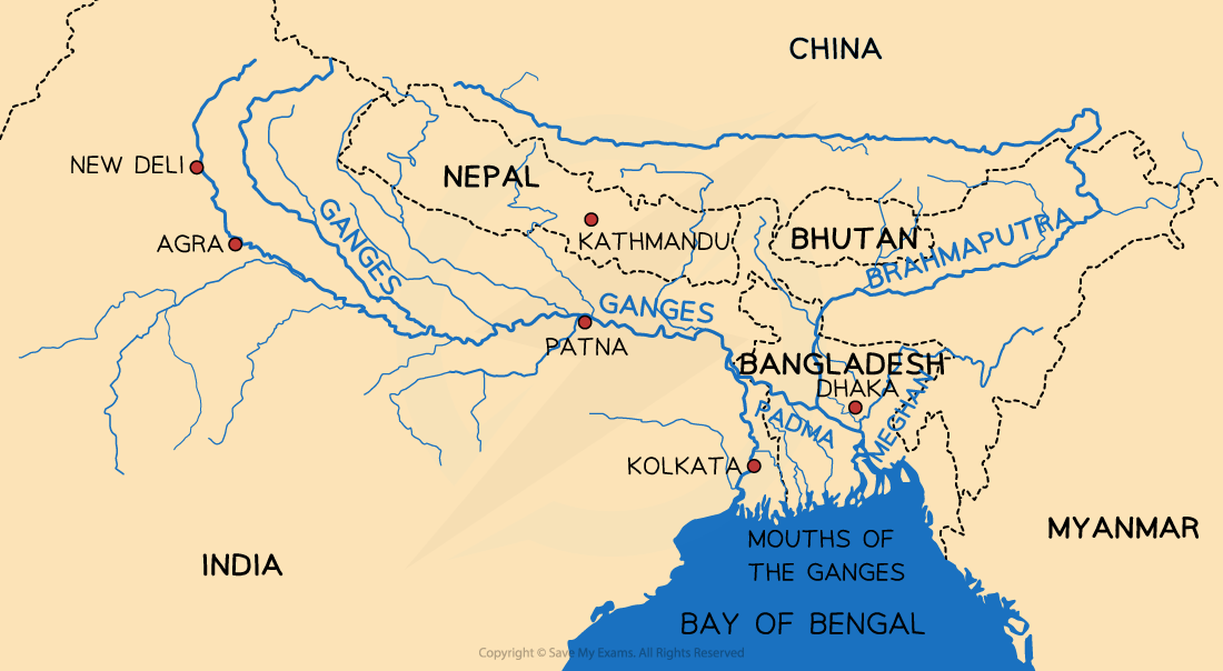 Map showing the Ganges and Brahmaputra rivers in India, Bangladesh, and nearby regions, highlighting major cities like New Delhi, Kolkata, and Dhaka.