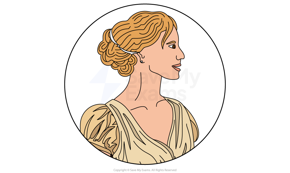 Illustration of Jane Bennet from Pride and Prejudice: a young woman in profile with strawberry-blonde hair in a banded updo, wearing a cream Regency gown.