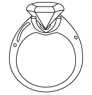 Line drawing of a diamond ring with a round band and a large, faceted diamond in a prong setting, featuring a simple and elegant design.