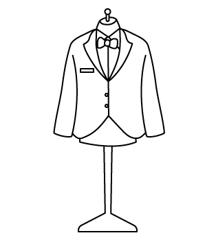 Illustration of a suit jacket on a mannequin, featuring a bow tie and a pocket square, with three buttons and a neat collar.